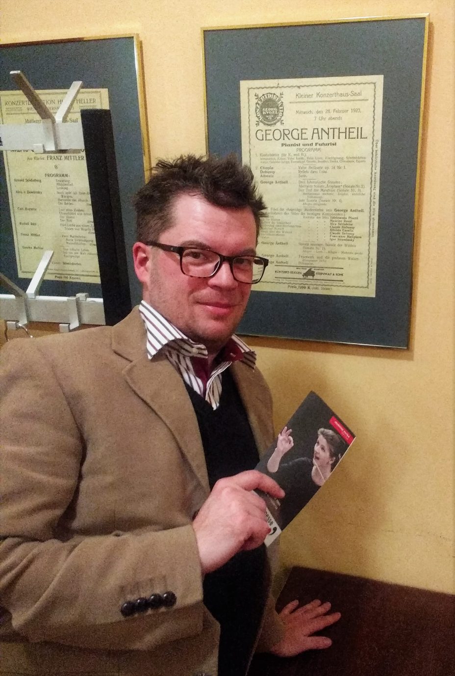 The author standing in front of the programme of a 1923 Antheil recital
