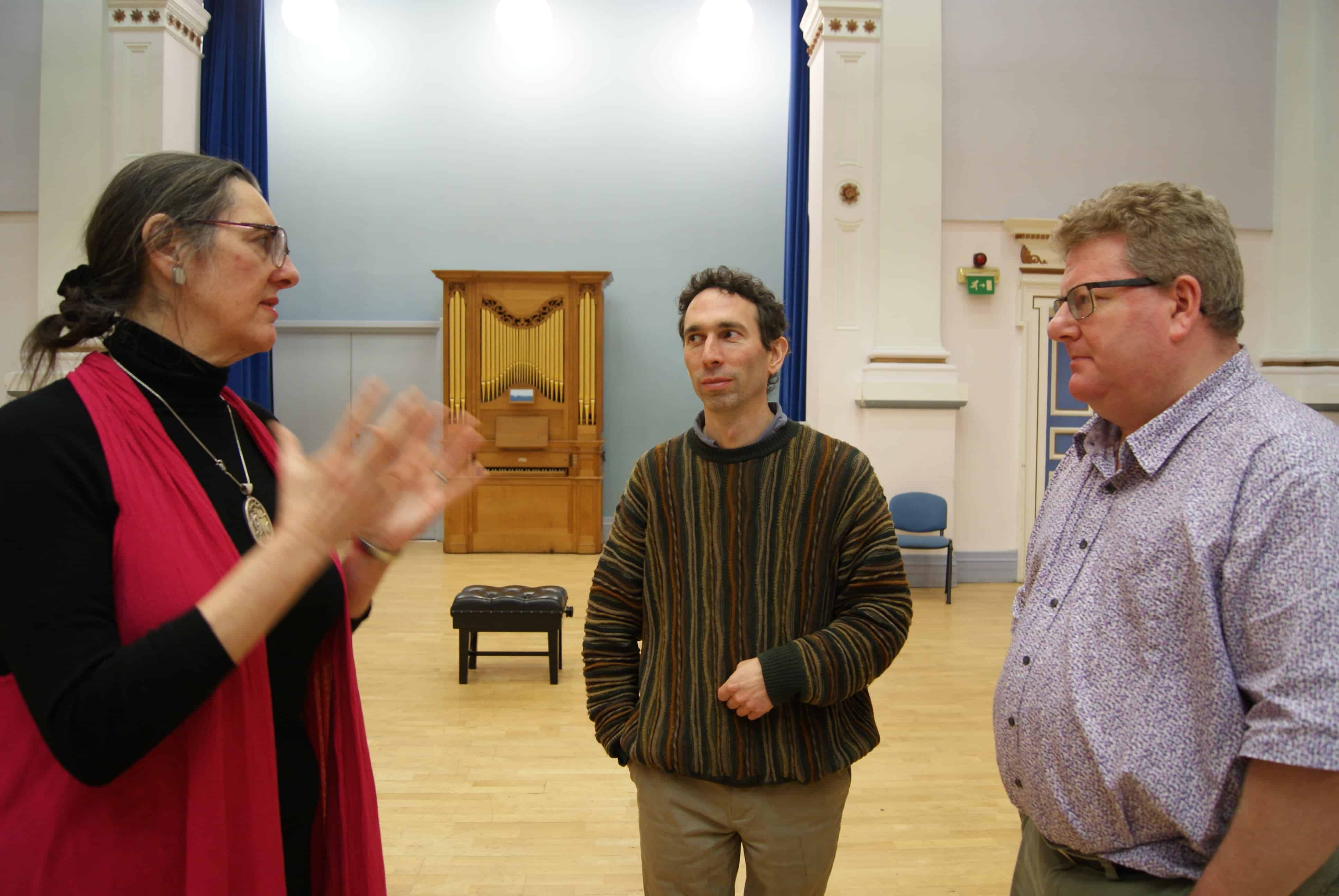 Conductor Bridget Budge, producer Simon Fox and Stephen Muir in conversation