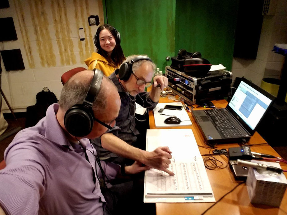 From front to back: Pat Burns, Joel Gordon and Sicheng Wu at a Tcherepnin recording session in April 2019