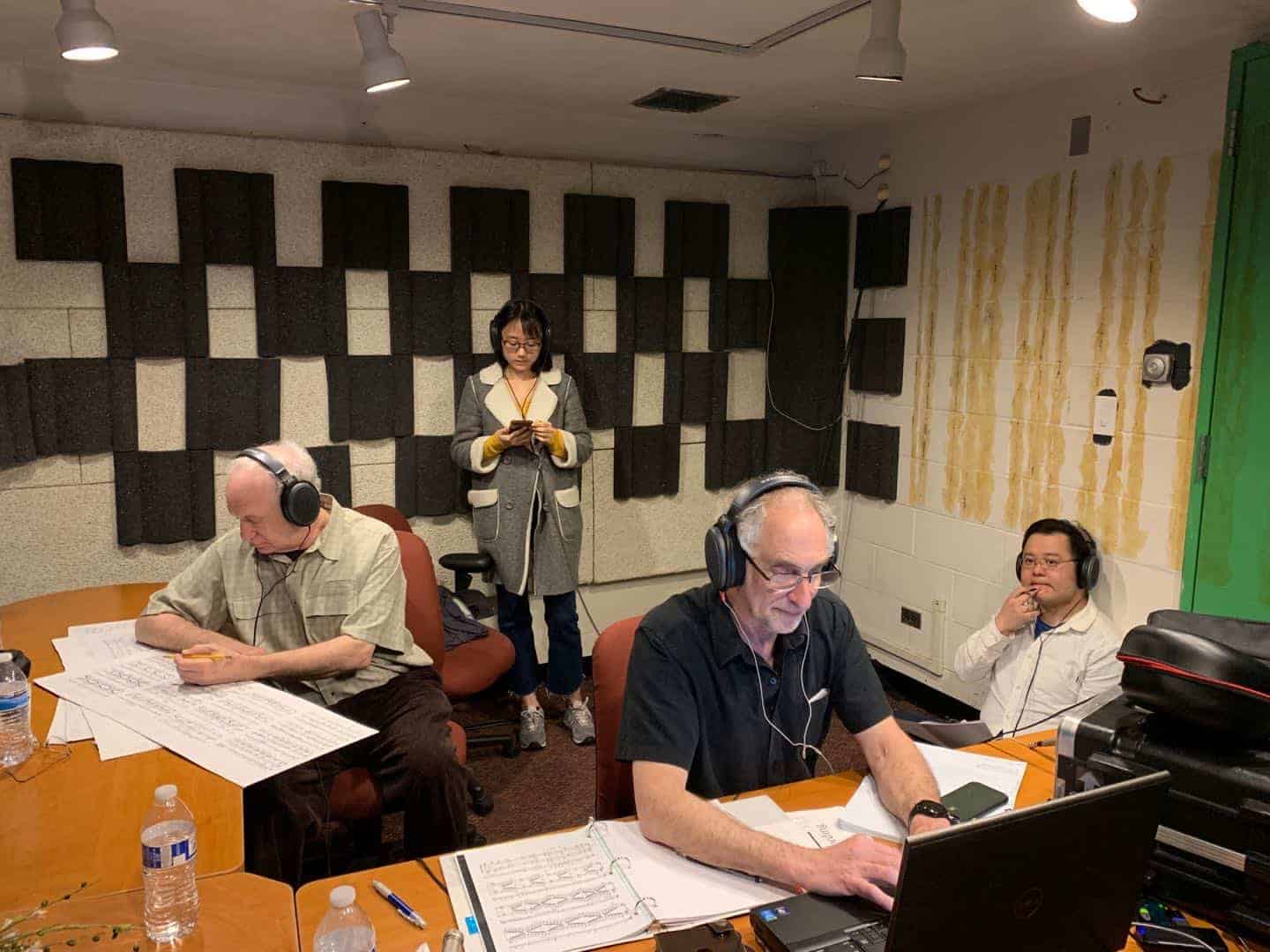 From left to right: David Witten, Jiahui Suo, Joel Gordon and Quan Yuan at a Tcherepnin recording and editing session in April 2019