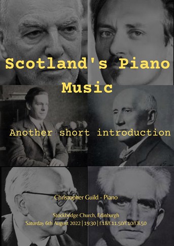 Poster for "Scotland's Piano Music: Another short introduction" featuring background images of headshots of the composers